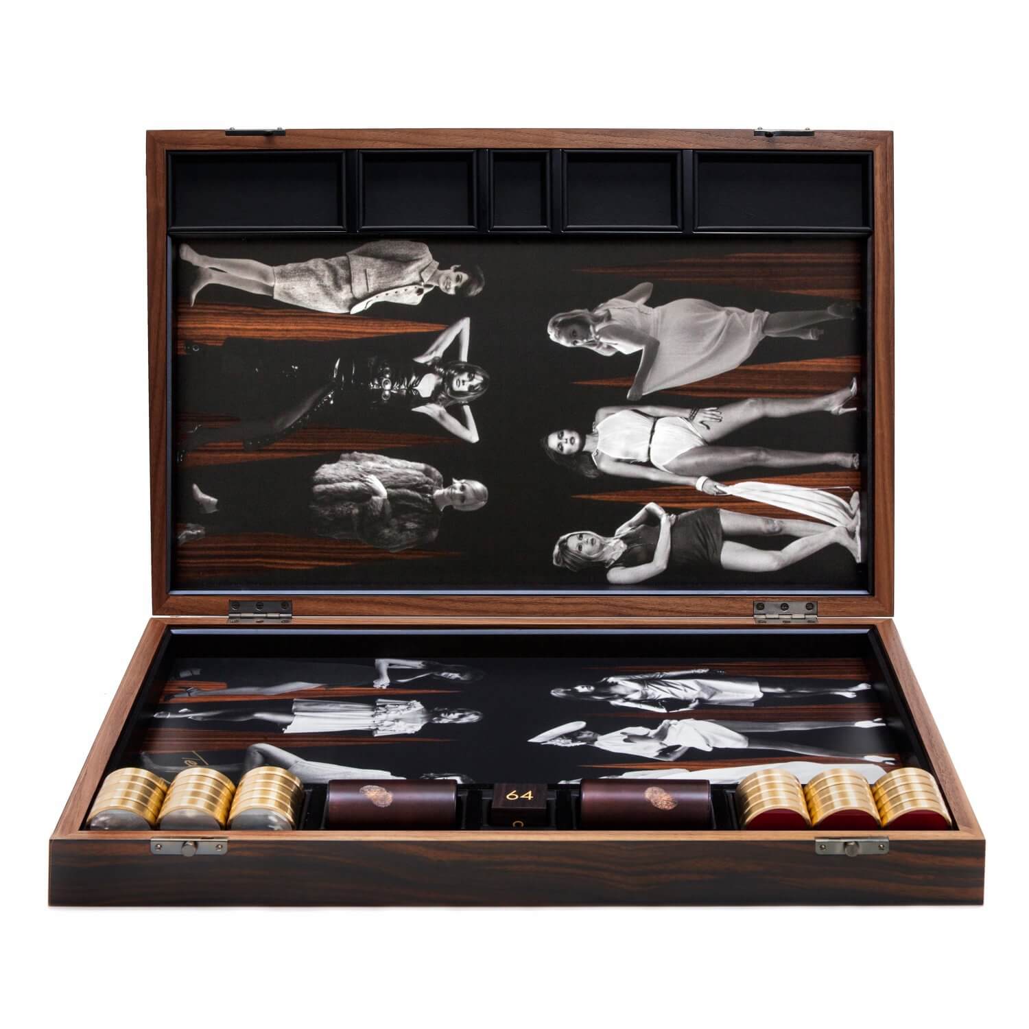 Goddesses backgammon board in an Ebony box with Red Jasper and Mother of Pearl playing pieces