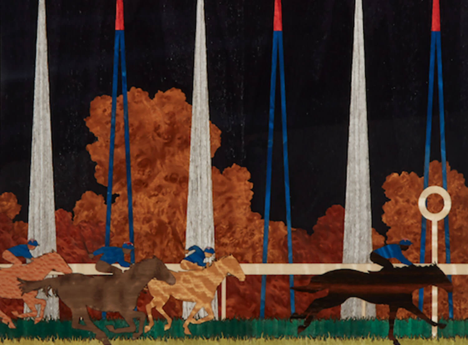 A marquetry backgammon board with horses racing around the board