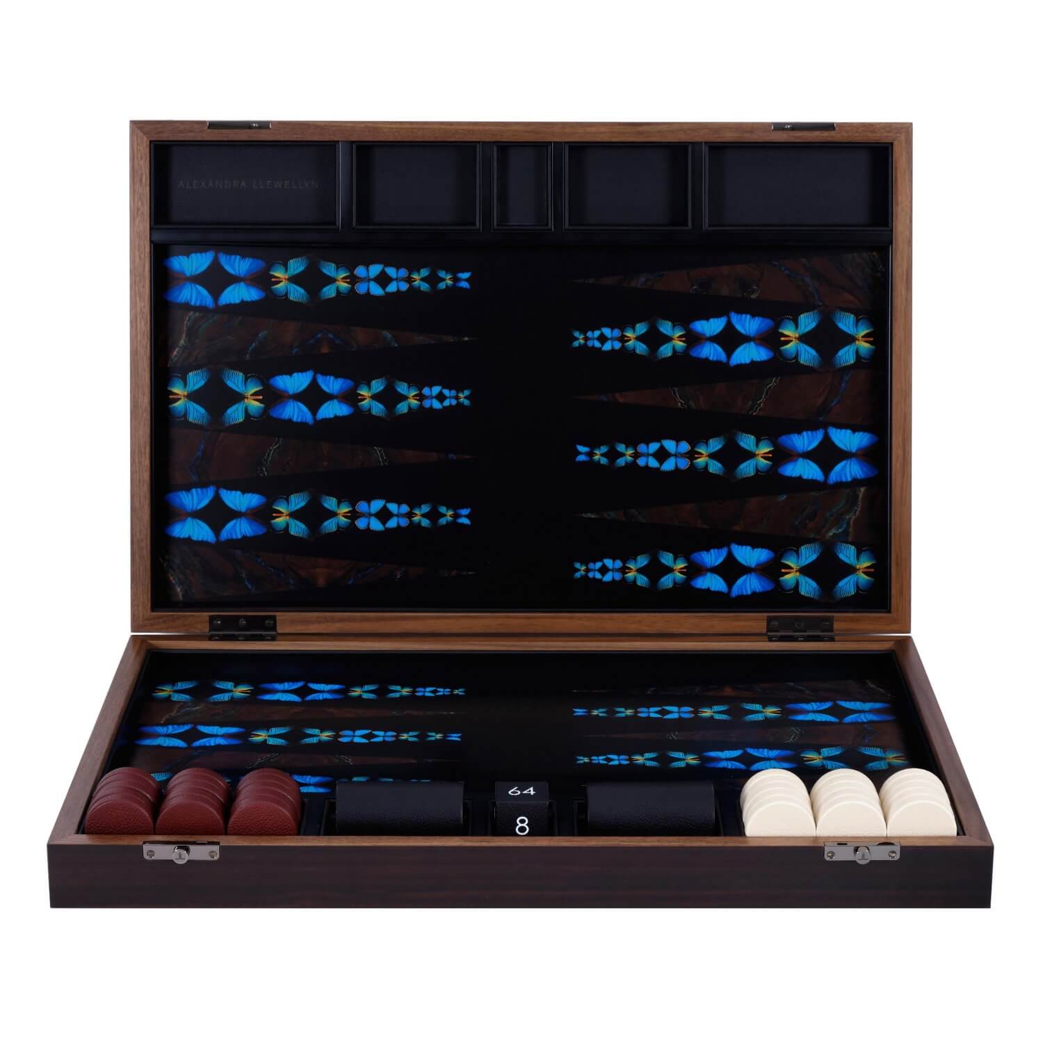 Butterfly backgammon set in a Fumed Eucalyptus box with red and cream leather playing pieces