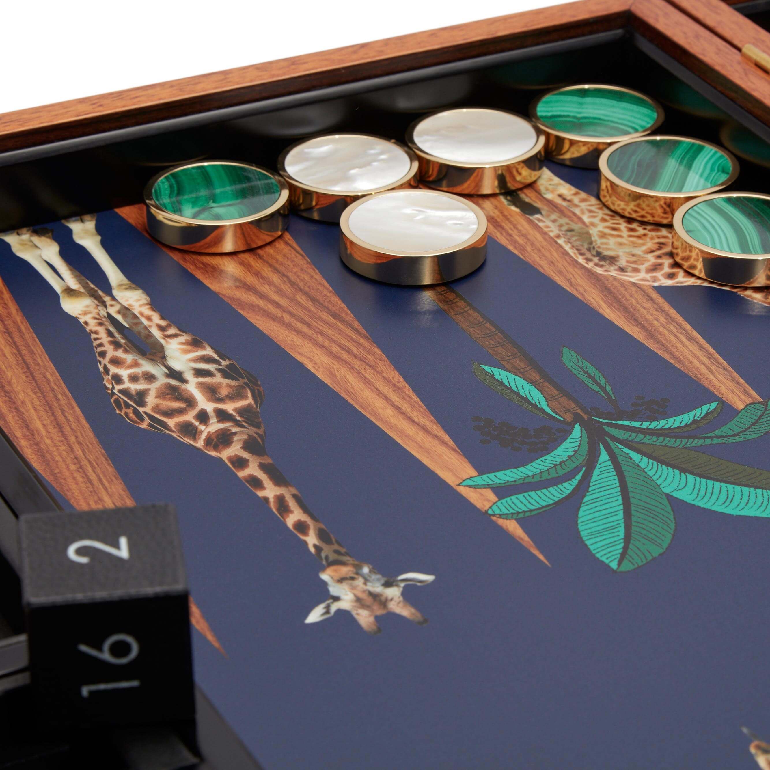 Giraffe backgammon set in a Rose Wood box with Malachite and Mother of Pearl playing pieces