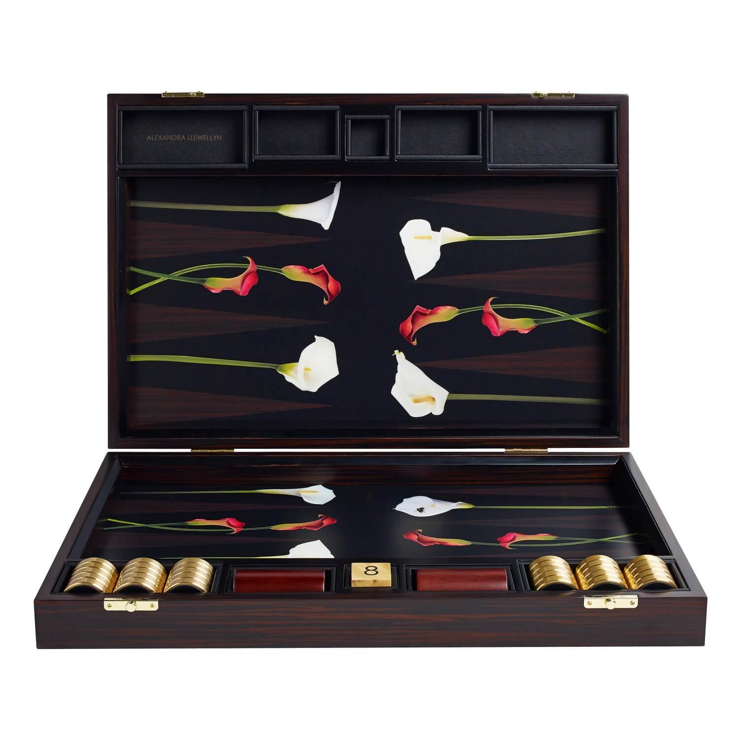 Lily backgammon set in a Macassar Ebony box with Black Marble and Mother of Pearl
