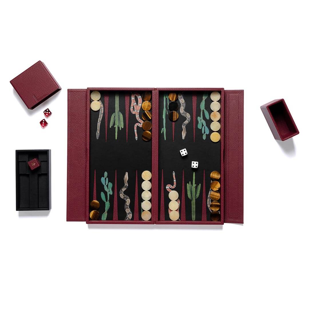 Snake leather backgammon travel set with tiger eye and yellow agate playing pieces