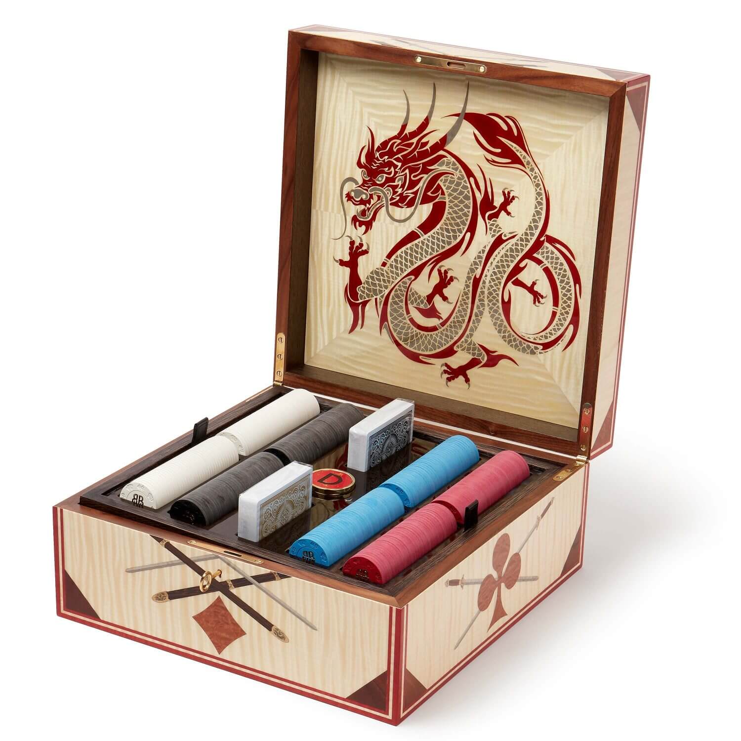 Bespoke marquetry poker box with red dragon on the inner lid