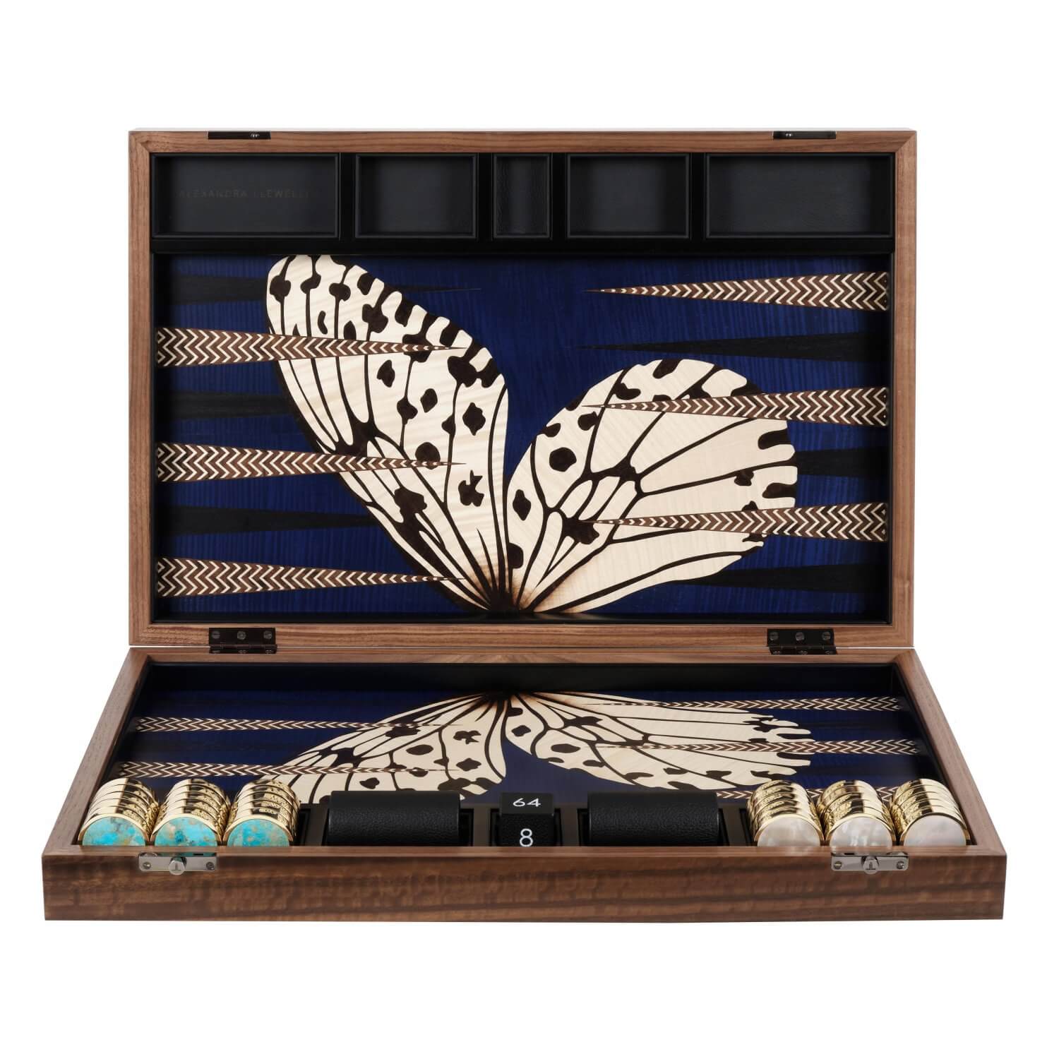 Alexandra Llewellyn B&W Butterfly Backgammon Set upright