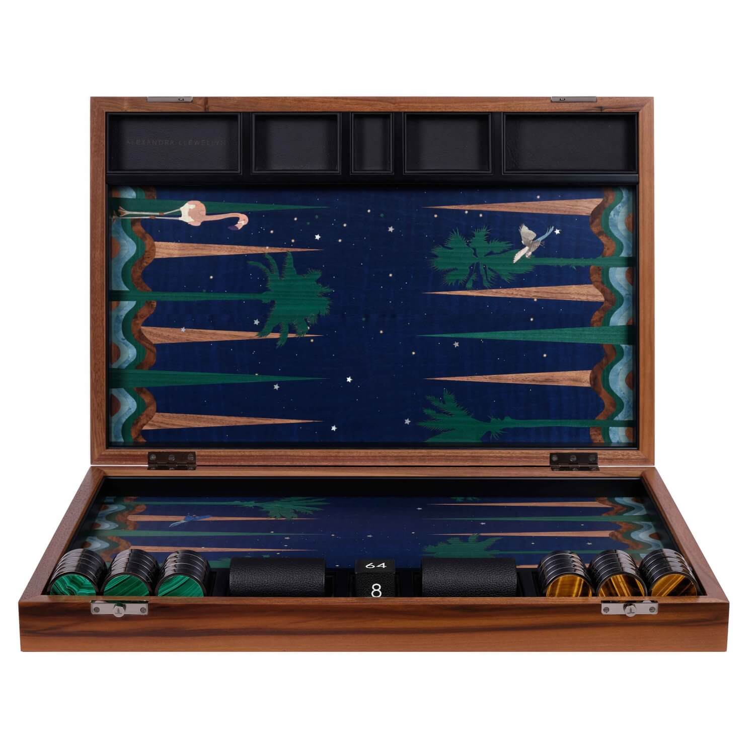 Midnight Marquetry backgammon set upright with lid open